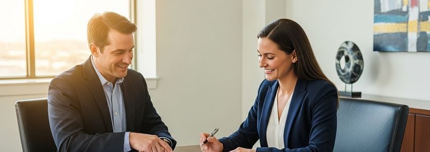 Business owner reviewing urgent care franchise loan documents with a financial advisor