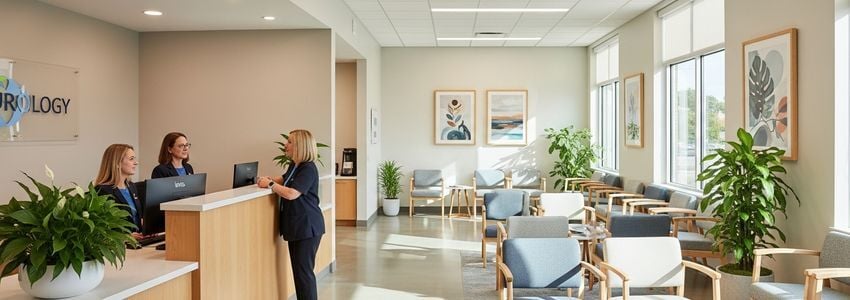 Modern urology practice office with professional staff and patients, showing the kind of facility that urology practice loans can help fund