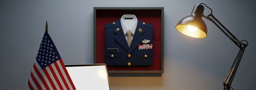 Military business office with American flag and professional workspace representing veteran entrepreneurship and business financing