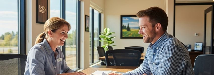 USDA business loan representative reviewing loan documents at a rural business office