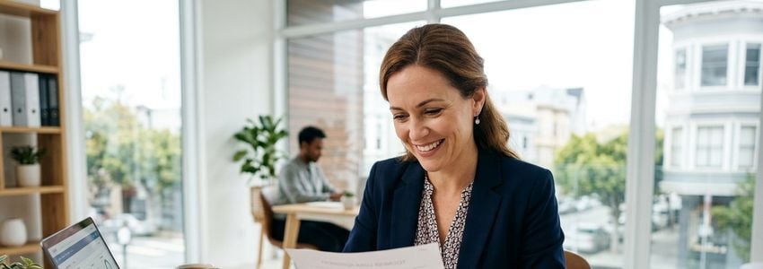 Used car dealership business owner reviewing financing documents at a professional office desk