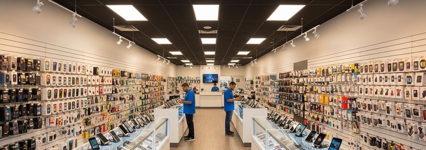 Used electronics store employee testing refurbished devices at a repair workbench