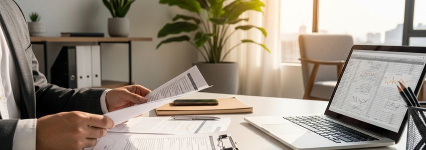 Small business owner reviewing USPS contractor loan documents at professional office desk