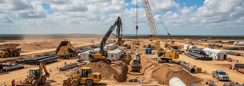 Utility contractor business owner reviewing financing options at job site office