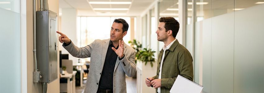 Small business owner reviewing a commercial utility bill and financing options at an office desk