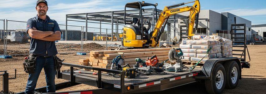 Business owner with a utility trailer loaded with equipment at a commercial yard