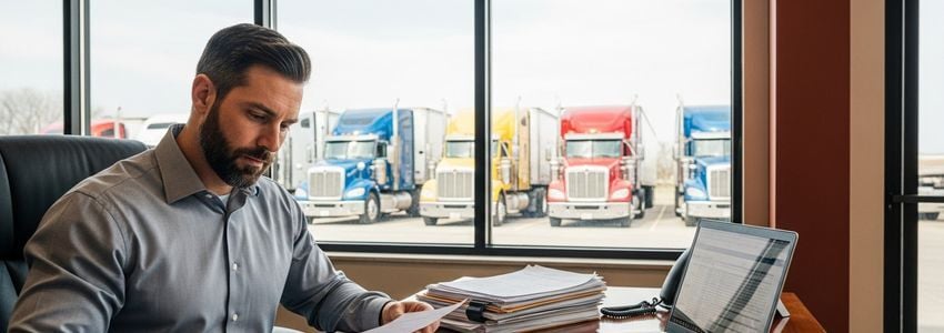 Virginia transportation company owner reviewing fleet financing documents at a modern office desk