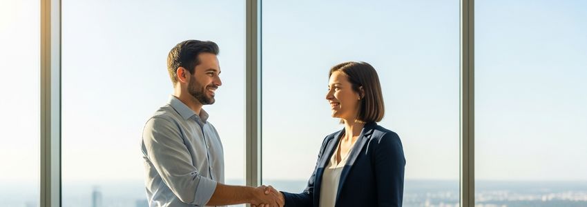 Vacation rental business owners reviewing financing options with a lending specialist in a modern office