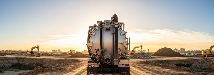 Vacuum truck operator reviewing equipment financing paperwork at an industrial job site