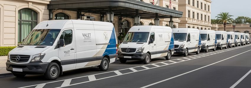 Valet parking company shuttle van fleet at hotel