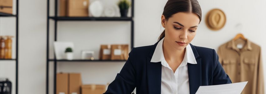 Woman entrepreneur reviewing small business financing documents at her desk