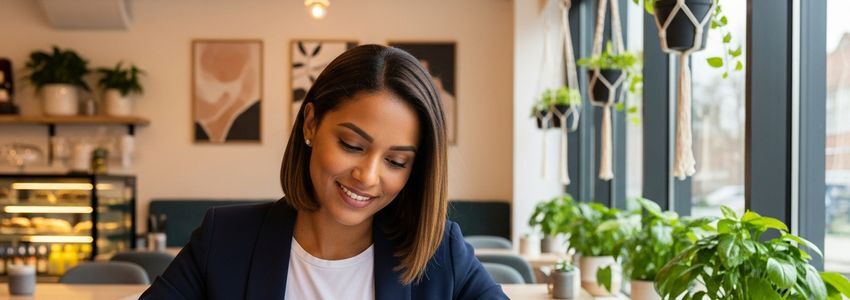 Vegetarian restaurant owner reviewing business loan documents at a modern plant-based restaurant