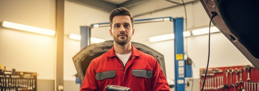 Professional auto mechanic using diagnostic scanner on vehicle in modern repair shop with tool chests and lift equipment visible