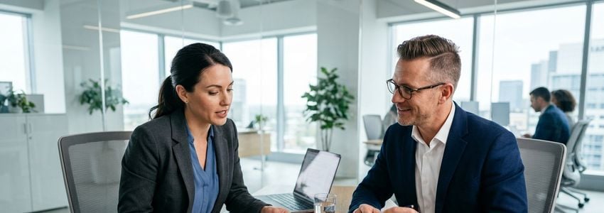 Vehicle wrap business owner reviewing financing documents with a Crestmont Capital advisor in a modern office