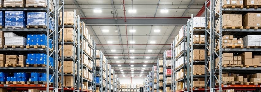 Organized warehouse with inventory shelves representing supply chain management