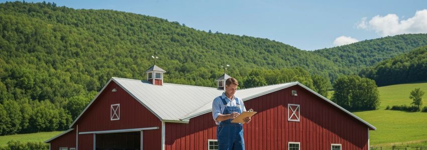 Vermont dairy farmer reviewing business paperwork in front of a red barn with green hills in the background