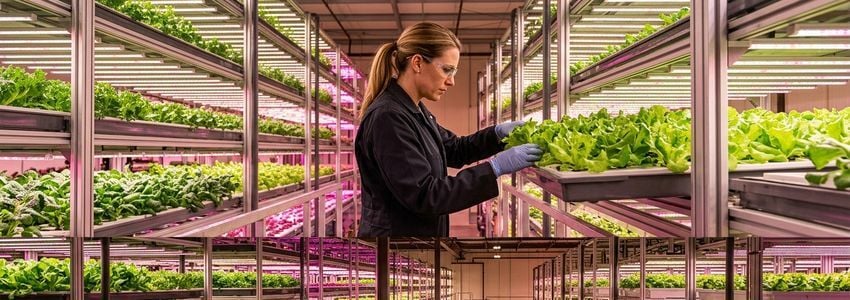 Multi-tier vertical farming racks with LED grow lights in a modern indoor growing facility