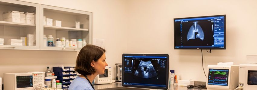 Veterinarian using diagnostic imaging equipment in a modern veterinary clinic