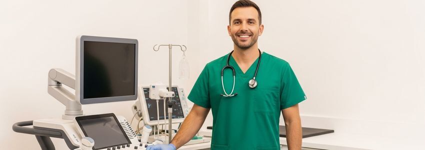 Veterinary practice owner reviewing equipment financing options with a veterinarian at a modern animal hospital