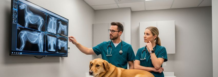 Veterinary professionals reviewing digital X-rays on a monitor in a modern animal clinic, representing equipment financing for vet practices
