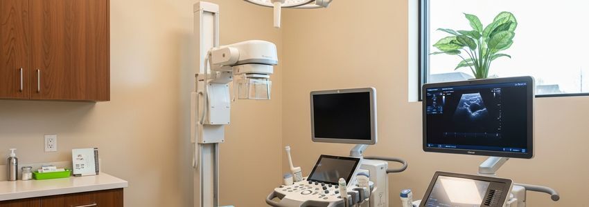 Advanced veterinary medical imaging equipment including ultrasound and X-ray systems in a modern clinic