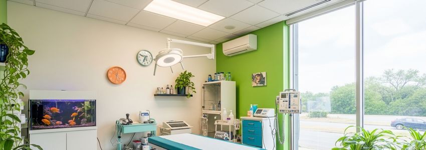 Modern veterinary practice treatment room with examination table and medical equipment