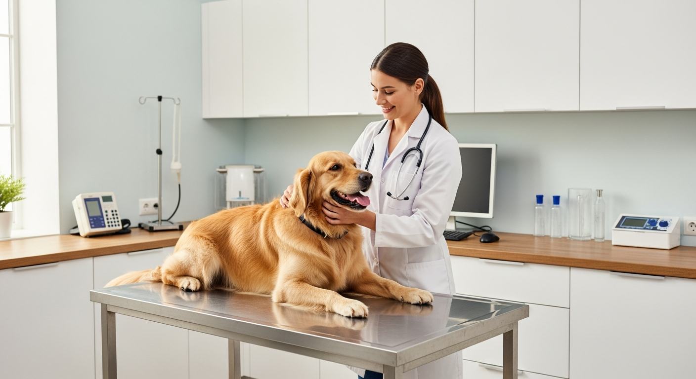 Veterinarian examining a dog at a modern veterinary clinic