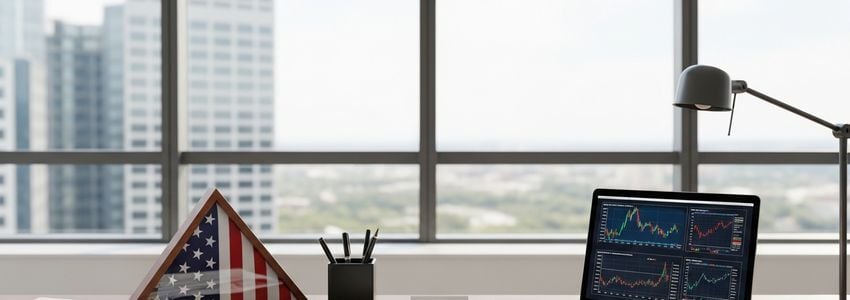 Professional office with folded American flag and business loan documents representing veteran-owned business financing