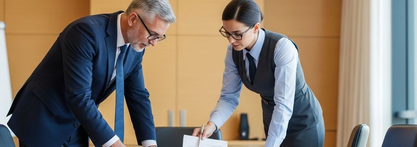 Business professionals reviewing veteran-owned small business certification documents in a conference room