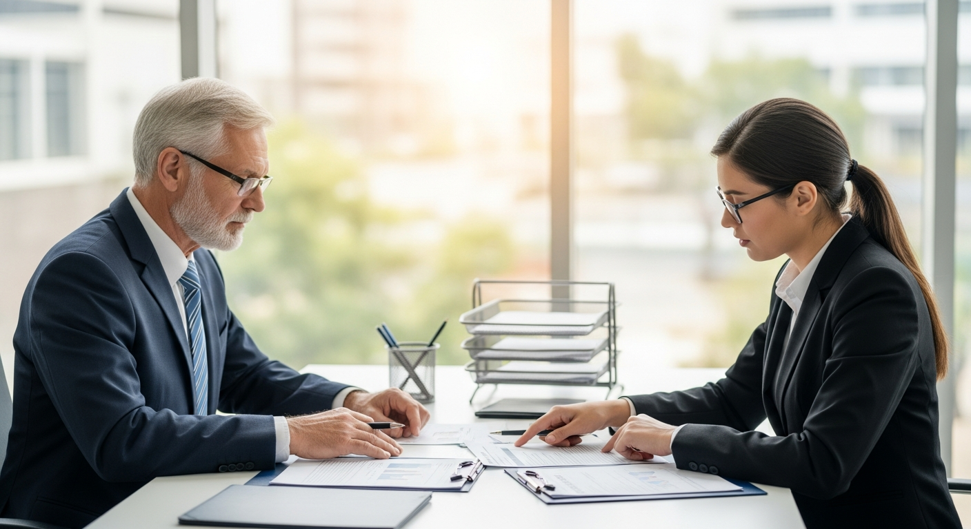 Veteran business owner reviewing financing documents with a lender