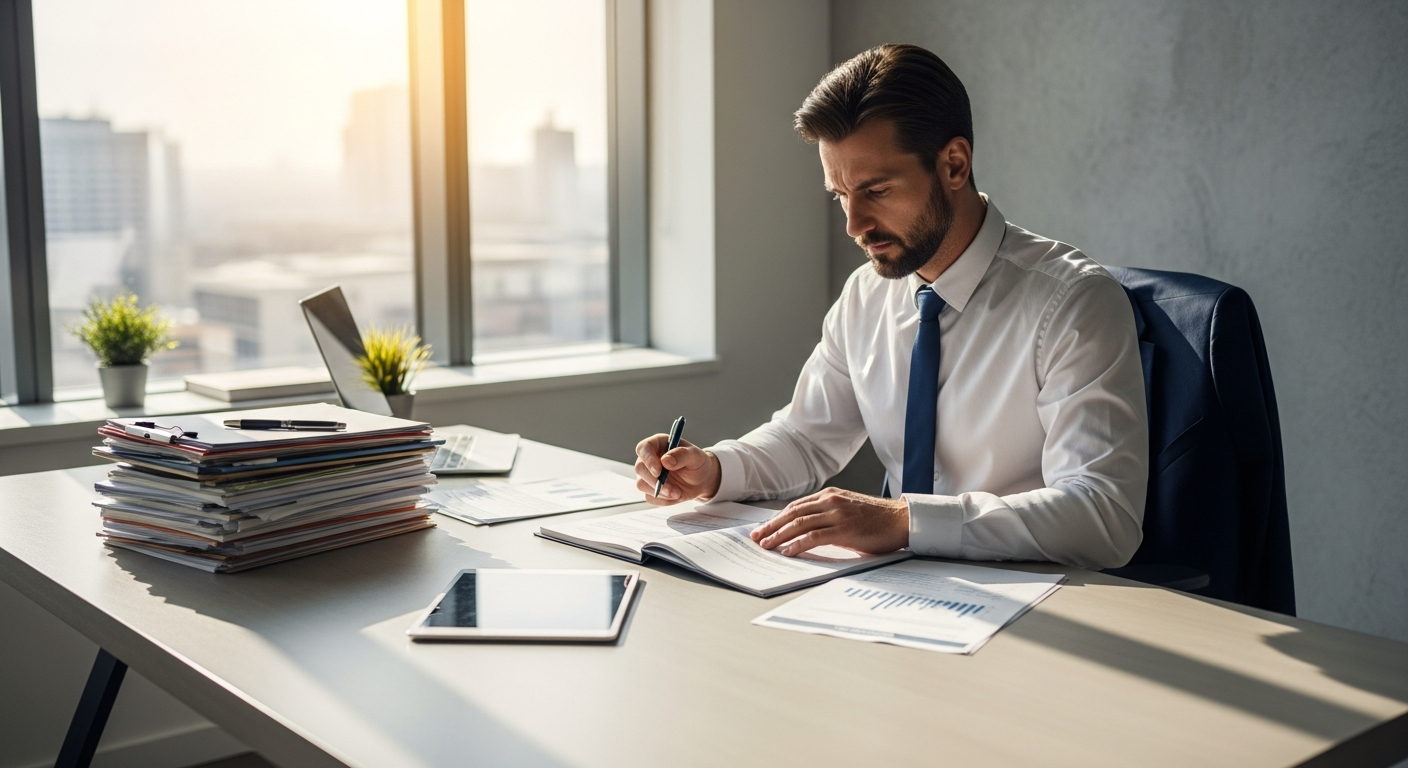 Veteran business owner standing confidently in front of his commercial office building