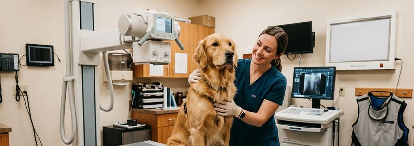 Veterinary technician positioning a dog for a digital X-ray scan in a clinic imaging suite