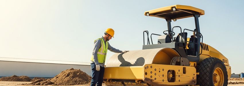 A contractor inspecting vibratory roller equipment at a construction site