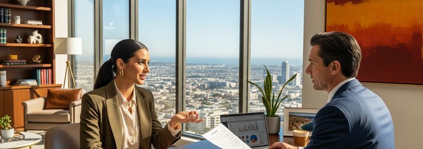 Business owner meeting with financial advisor about small business loans in Victorville California