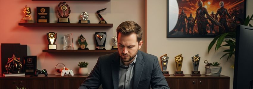 video game studio owner reviewing business loan documents at a modern office desk