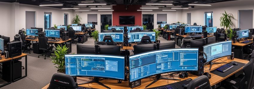 Game development studio workspace showing multiple workstations with monitors - financing for video gaming companies