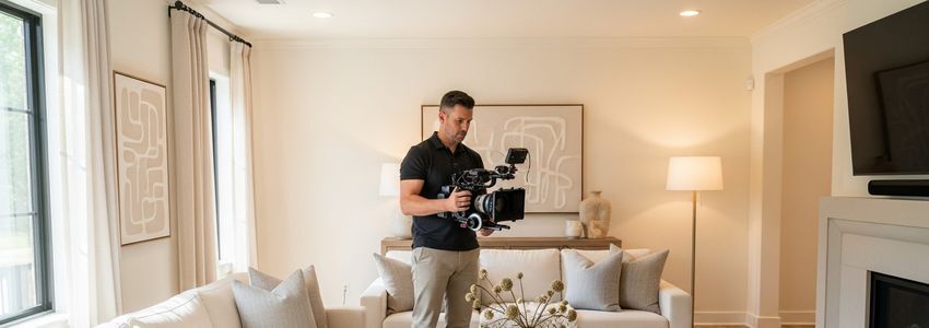 Real estate videographer filming interior property walkthrough with professional camera equipment