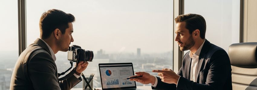 Videography business owner reviewing loan options with a financial advisor