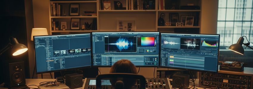 Professional video editor working at post-production workstation with multiple monitors showing editing software