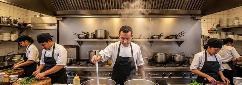Vietnamese restaurant kitchen with chef preparing pho soup in commercial kitchen