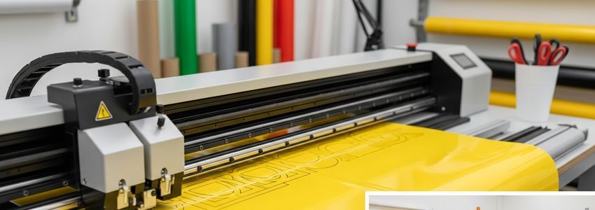 Professional vinyl cutter machine in operation at a sign shop