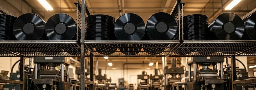 Industrial vinyl record pressing machine operating in a manufacturing facility with a technician monitoring the process