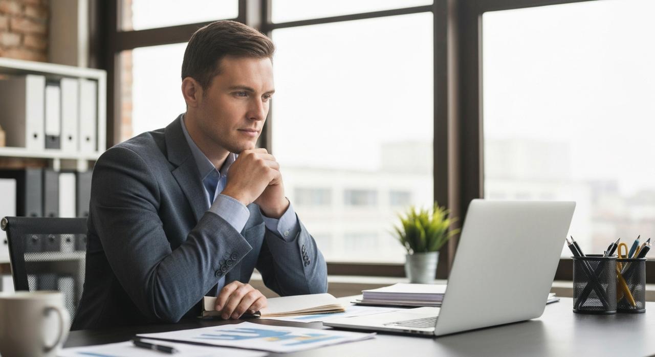 Small business owner reviewing loan documents at office desk in Virginia