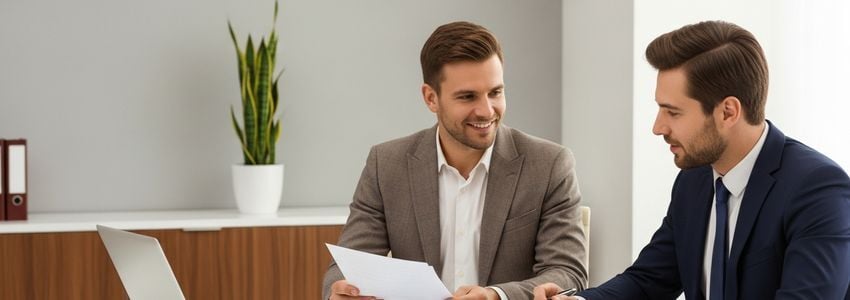 Business professional reviewing virtual assistant business loan documents at a modern office