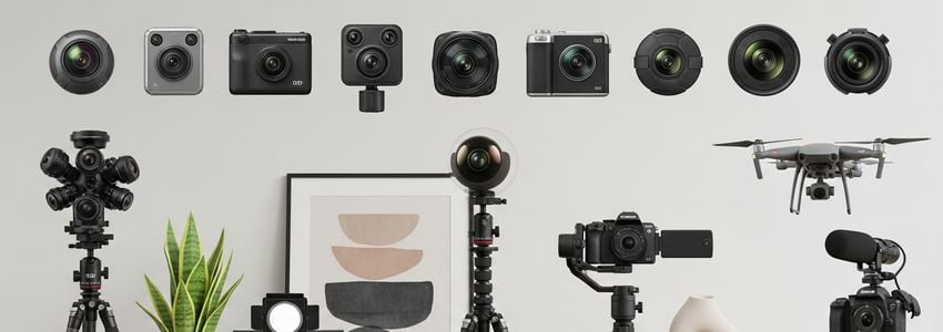 Professional virtual tour equipment including 360-degree cameras and accessories for a virtual tour business
