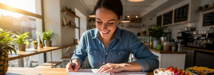 Vitality Bowls franchise owners reviewing financing documents at a cafe counter with fresh ingredients nearby