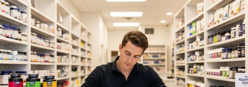 Vitamin shop owner reviewing business loan documents with a financial advisor in a retail store setting