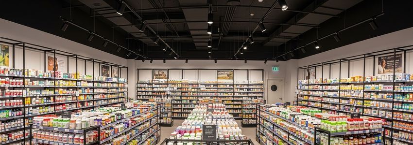 Vitamin store interior showing supplement and vitamin retail products on shelves