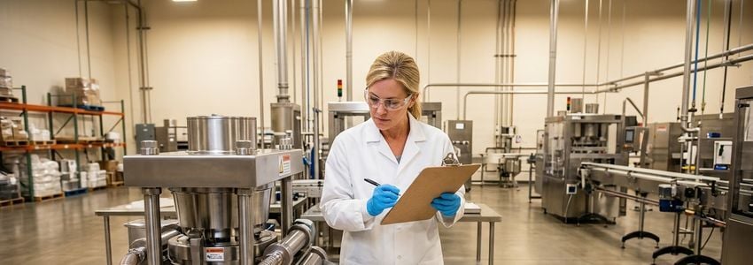 Quality control technician inspecting supplement capsules on a production line in a manufacturing facility