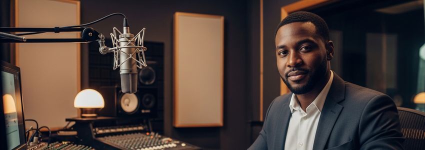 Voiceover studio owner reviewing business loan documents at a recording console